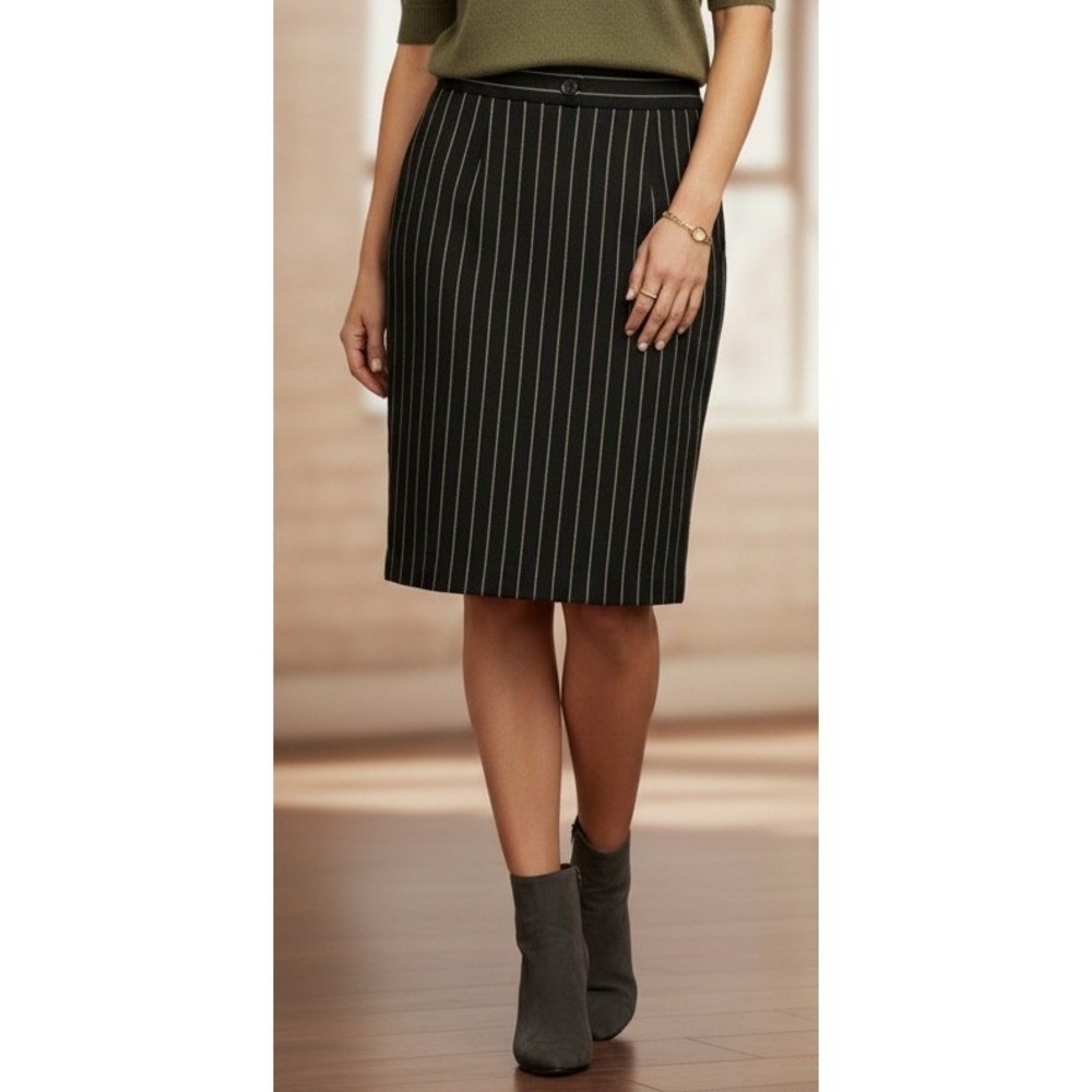 Escada Margaretha Ley Skirt Womens Size 36‎ Pinstripe Wool Pleated Pencil Black